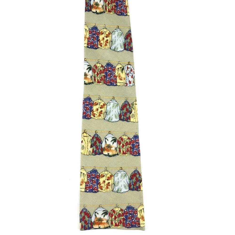 RELAX By Tommy Bahama All Silk Tan & Multicolor Tropical Aloha Shirts Square Tie